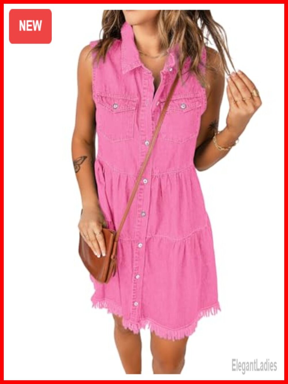 Women's Sleeveless Button Down Denim Jean Dress Pleated Tiered Raw Hem